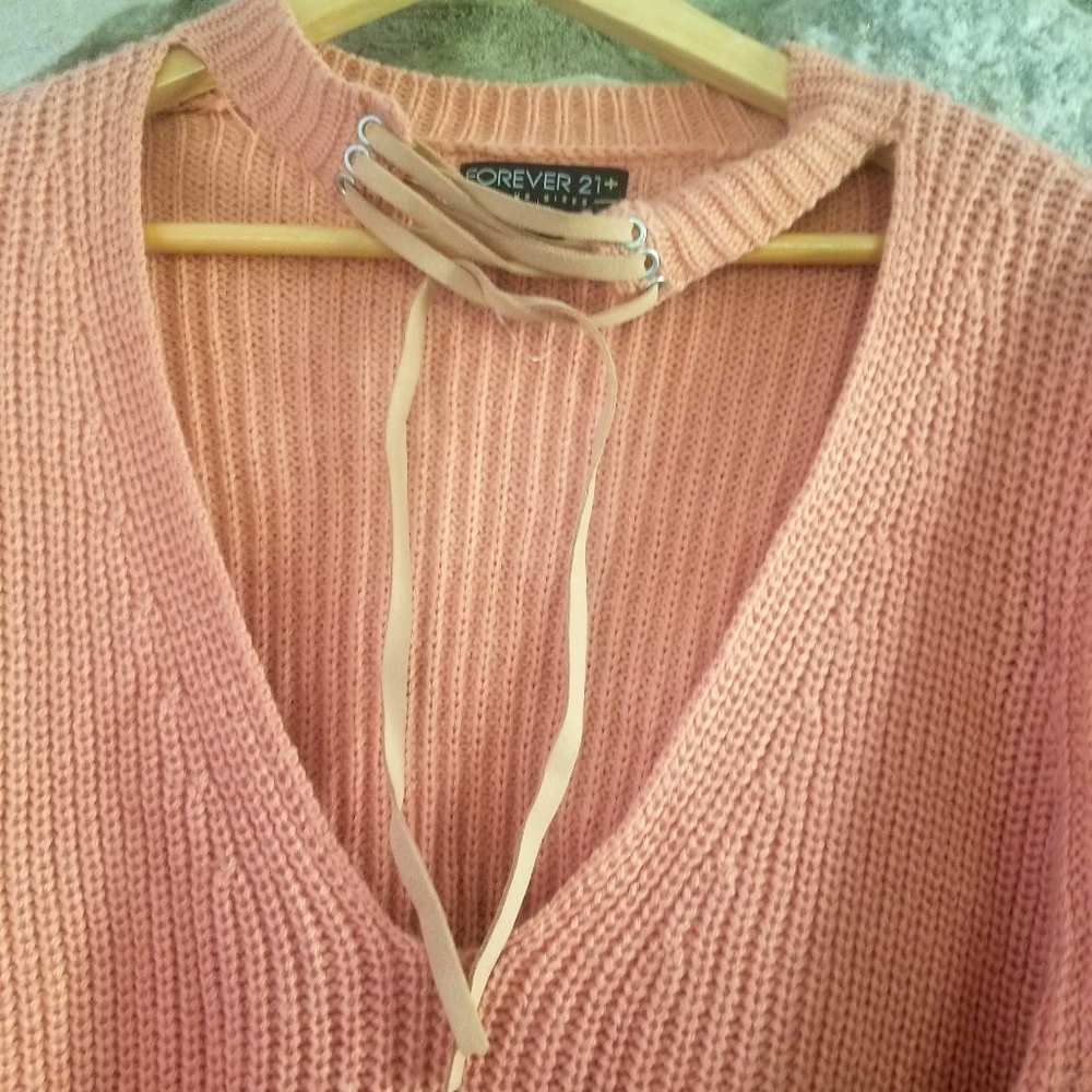 FOREVER 21 Lace up Choker V-neck Zipper Sweater - Picture 6 of 9